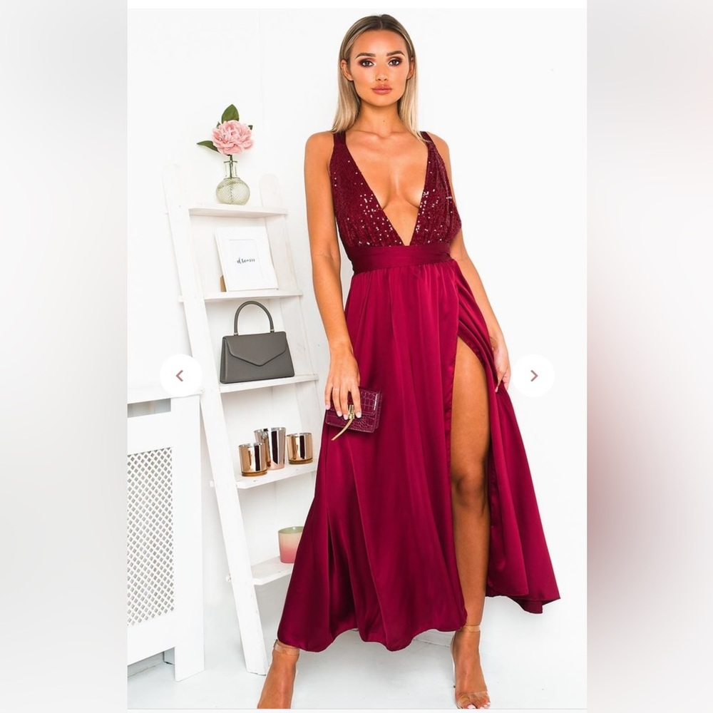 Wine Backless Sequin Midi Dress